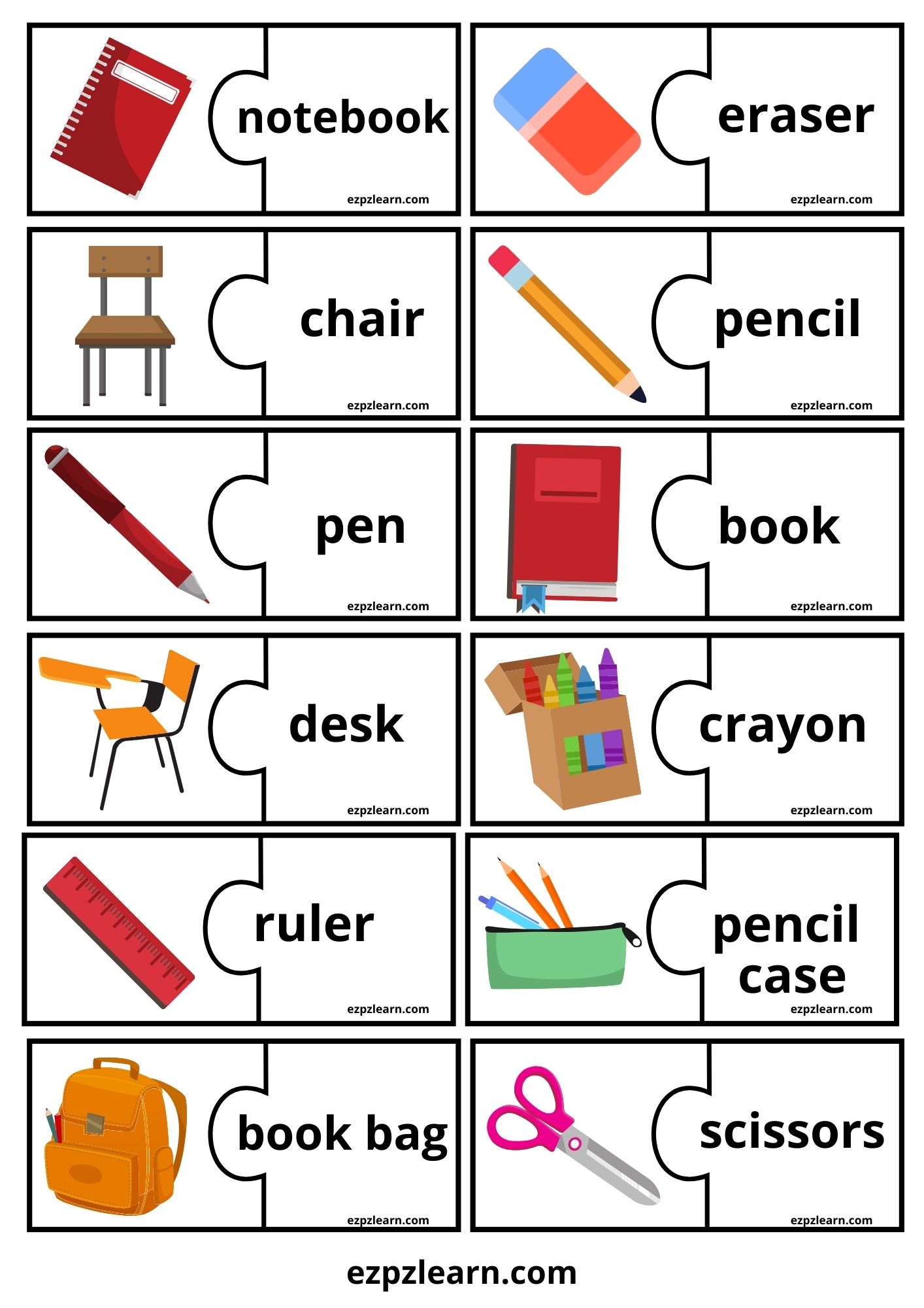Classroom Objects Word Match Game